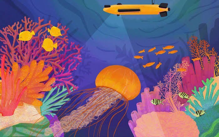 Illustration of an autonomous underwater vehicle surveying a coral reef