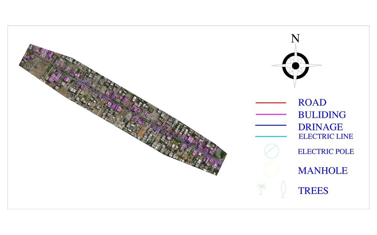 Layered CAD strip map of a road corridor produced from drone survey, with north arrow and legend