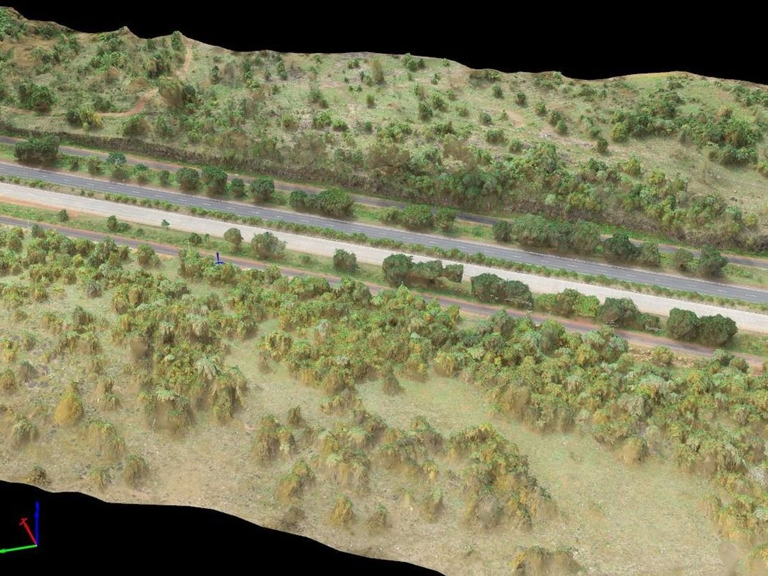 Textured 3D mesh of a road corridor showing terrain, embankment and roadside vegetation
