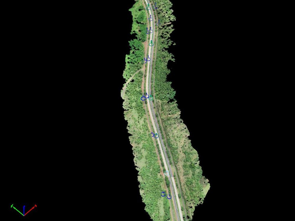 Reconstructed corridor extent viewed from above with drone camera positions marked along the flight line