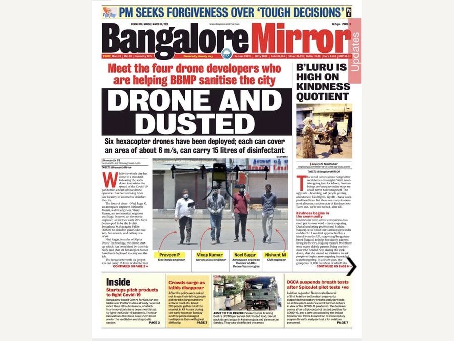 Front page of Bangalore Mirror, 30 March 2020, headlined DRONE AND DUSTED, on the BBMP drone sanitisation programme