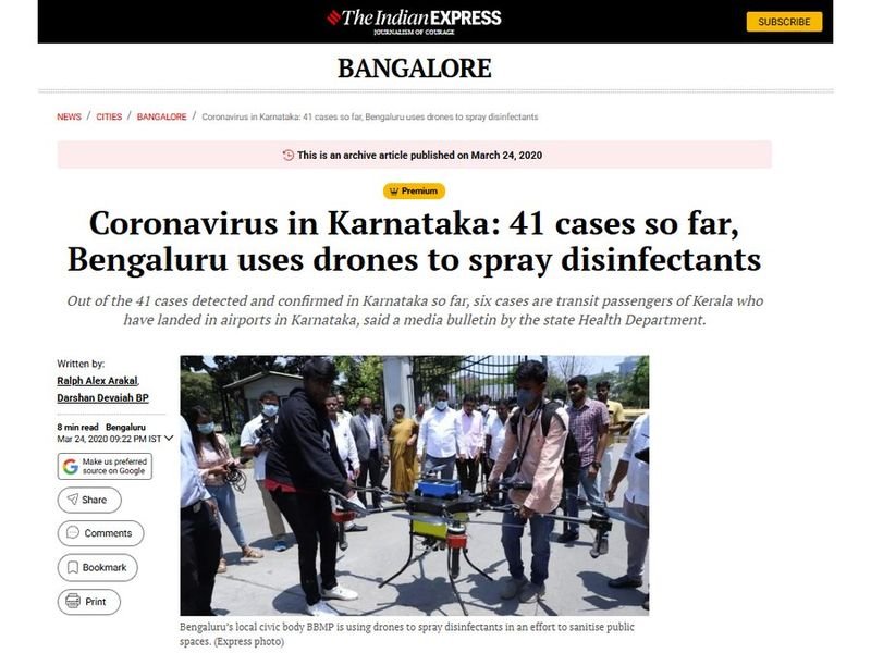 The Indian Express article headlined 'Coronavirus in Karnataka: 41 cases so far, Bengaluru uses drones to spray disinfectants'