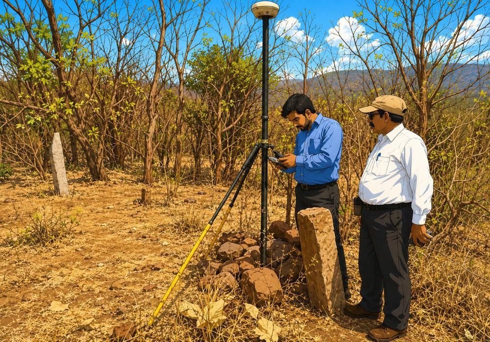 Engineers logging a GNSS control point with an RTK rover