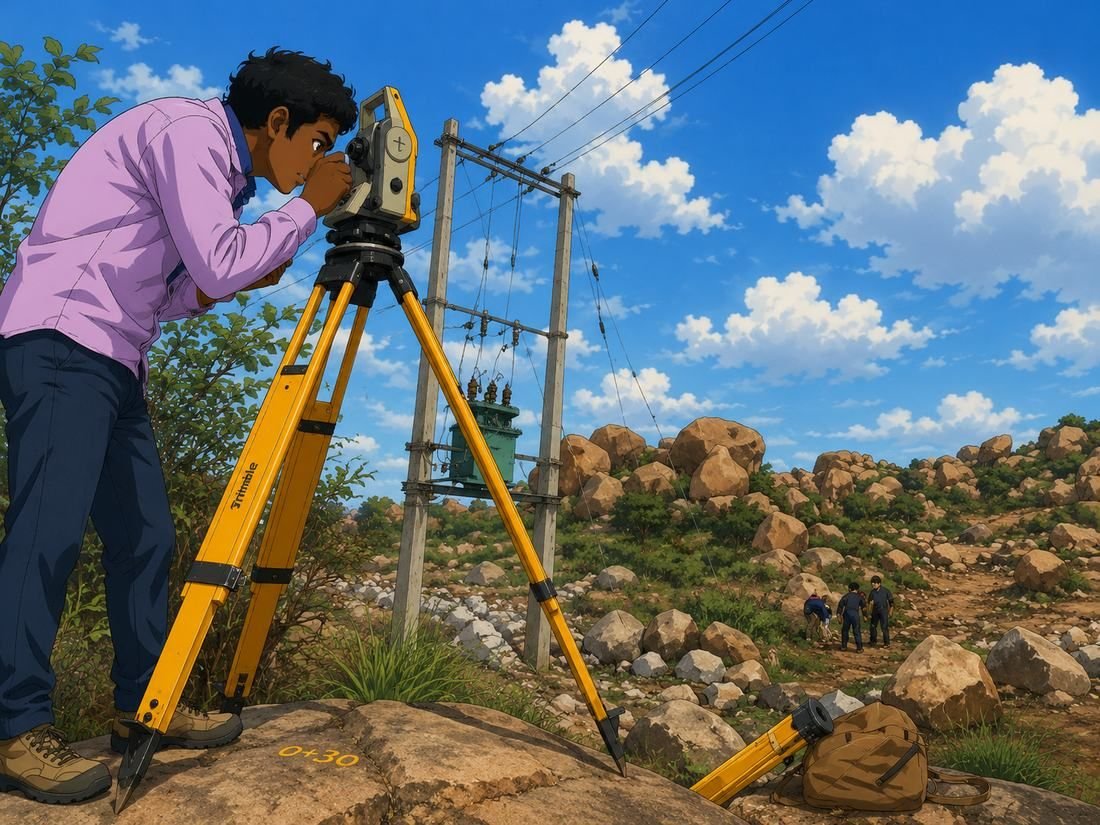 Surveyor sighting a total station on rocky terrain beneath a distribution line