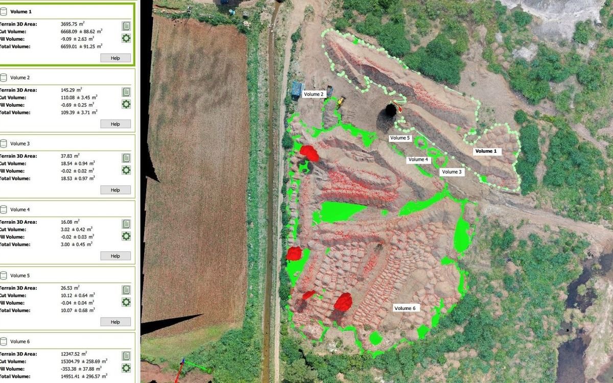 Volume computation over a quarry site showing six measured regions with cut and fill values and error margins